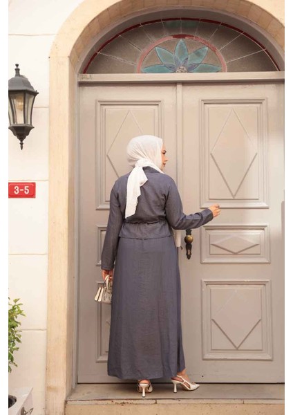 Ceketli Füme Tesettür Elbise Ikili Takım 44651FU modelleri