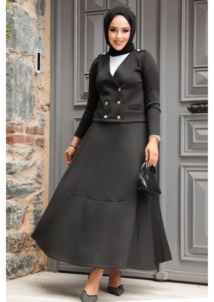 Ceketli Siyah Tesettür Etekli Ikili Takım 12371S