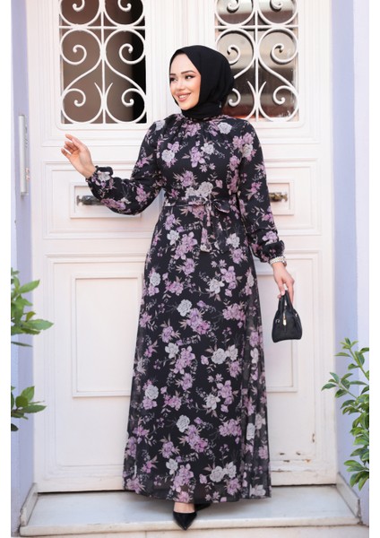 Çiçek Desenli Siyah Tesettür Elbise 279912S
