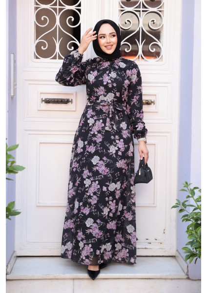 Çiçek Desenli Siyah Tesettür Elbise 279912S fiyatları