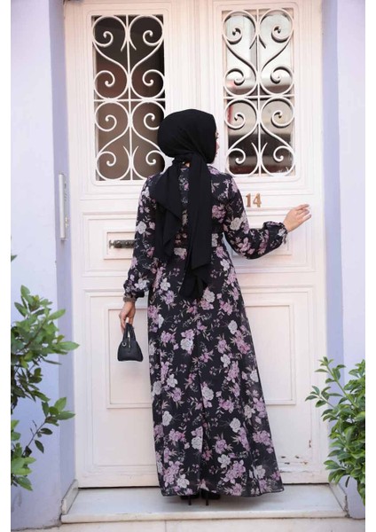 Çiçek Desenli Siyah Tesettür Elbise 279912S modelleri