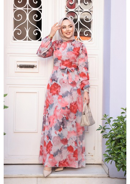 Çiçek Desenli Kırmızı Tesettür Elbise 27990K fiyatları