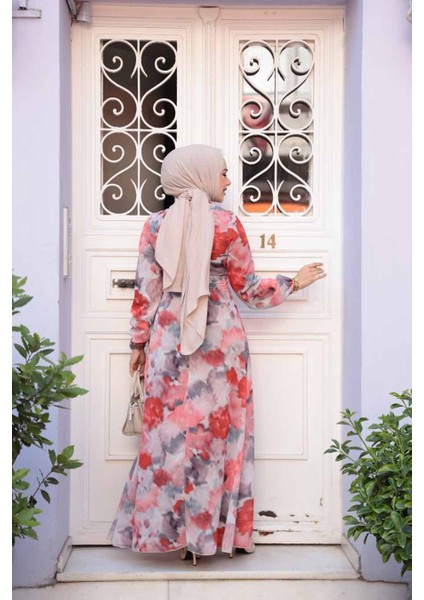 Çiçek Desenli Kırmızı Tesettür Elbise 27990K modelleri