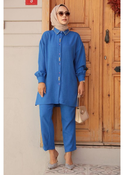Boncuk Işlemeli Indigo Mavisi Tesettür Ikili Takım 16701IM