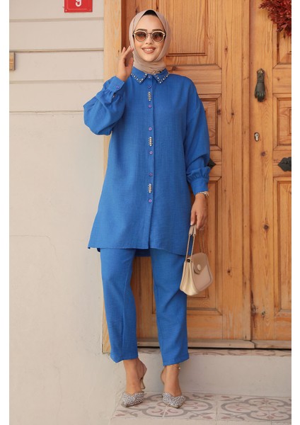 Boncuk Işlemeli Indigo Mavisi Tesettür Ikili Takım 16701IM fiyatları
