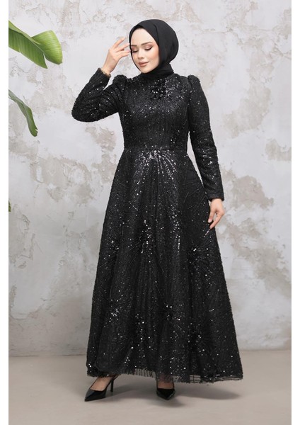 Boncuk Işlemeli Siyah Tesettür Abiye Elbise 50461S