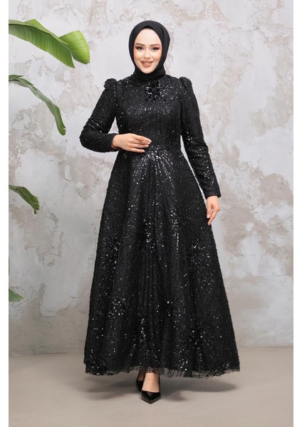 Boncuk Işlemeli Siyah Tesettür Abiye Elbise 50461S fiyatları