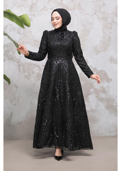 Boncuk Işlemeli Siyah Tesettür Abiye Elbise 50461S modelleri