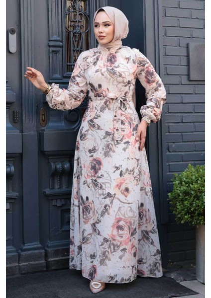 Çiçek Desenli Bej Tesettür Elbise 27992BEJ