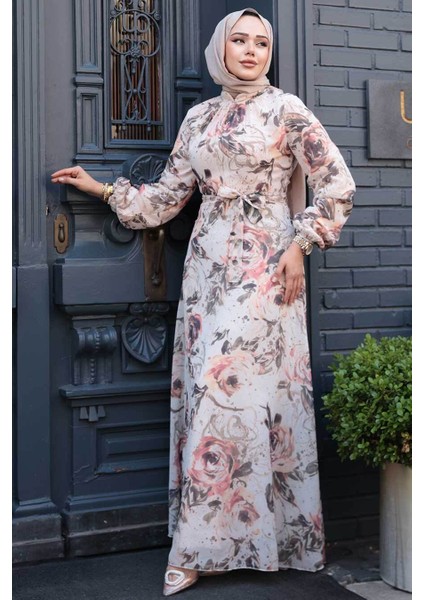 Çiçek Desenli Bej Tesettür Elbise 27992BEJ fiyatları