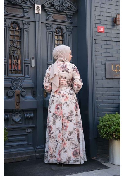 Çiçek Desenli Bej Tesettür Elbise 27992BEJ modelleri