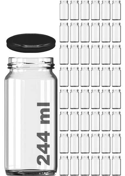 244 ml Kavanoz Metal Siyah Konserve Kapaklı 244 cc Şeffaf Uzun Cam Kavanoz 48 Adet