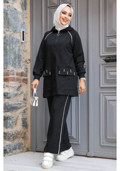 Kapşonlu Siyah Tesettür Ikili Takım 20113S