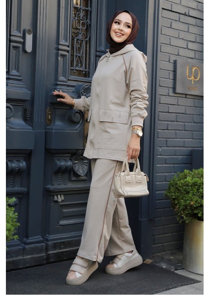 Kapşonlu Bej Tesettür Ikili Takım 20113BEJ
