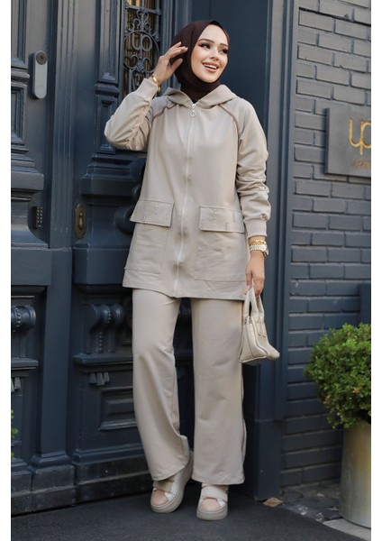 Kapşonlu Bej Tesettür Ikili Takım 20113BEJ modelleri