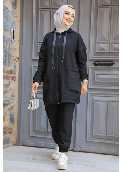Kapşonlu Siyah Tesettür İkili Takım 20072S