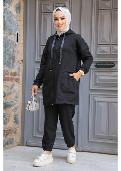 Kapşonlu Siyah Tesettür İkili Takım 20072S fiyatları