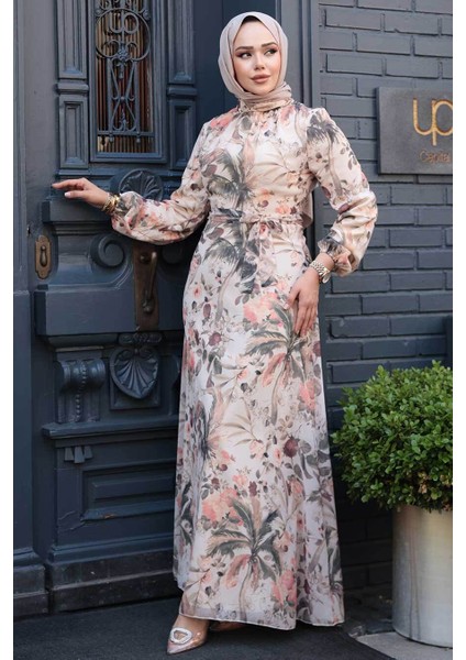 Çiçek Desenli Bej Tesettür Elbise 27988BEJ