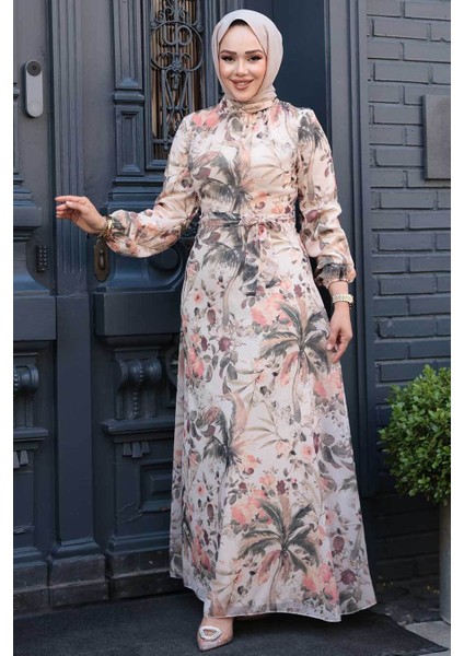 Çiçek Desenli Bej Tesettür Elbise 27988BEJ fiyatları