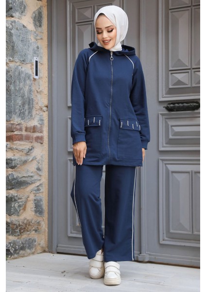 Kapşonlu Lacivert Tesettür Ikili Takım 20113L fiyatları