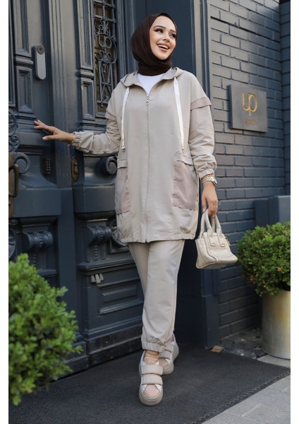 Kapşonlu Bej Tesettür Ikili Takım 20072BEJ