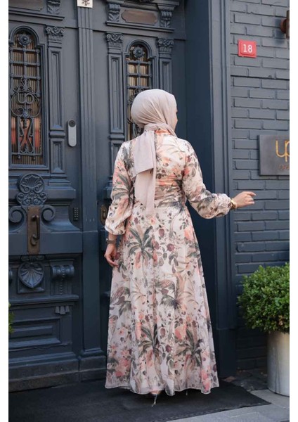 Çiçek Desenli Bej Tesettür Elbise 27988BEJ modelleri