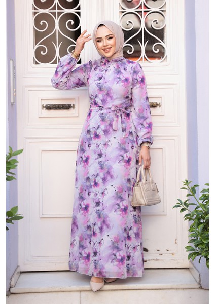 Çiçek Desenli Mor Tesettür Elbise 27991MOR