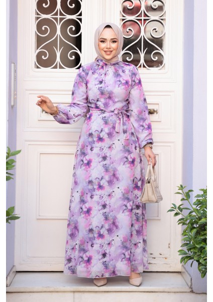 Çiçek Desenli Mor Tesettür Elbise 27991MOR fiyatları