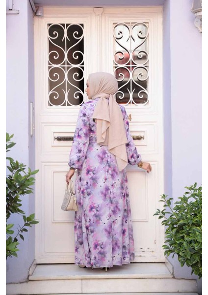 Çiçek Desenli Mor Tesettür Elbise 27991MOR modelleri