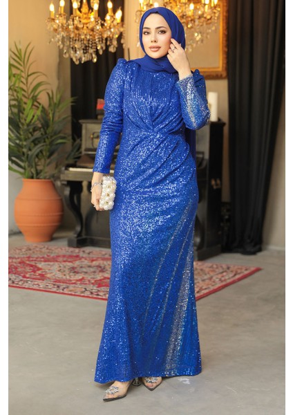 Tesettür Abiye Elbise - Pul Işlemeli Sax Mavisi Tesettür Abiye Elbise 3976SX