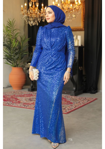 Tesettür Abiye Elbise - Pul Işlemeli Sax Mavisi Tesettür Abiye Elbise 3976SX fiyatları