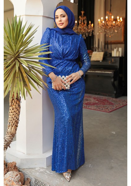 Tesettür Abiye Elbise - Pul Işlemeli Sax Mavisi Tesettür Abiye Elbise 3976SX modelleri