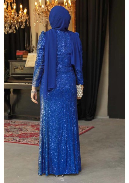 Tesettür Abiye Elbise - Pul Işlemeli Sax Mavisi Tesettür Abiye Elbise 3976SX fırsatları