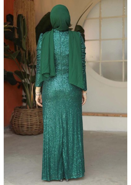 Tesettür Abiye Elbise - Pul Işlemeli Zümrüt Yeşili Tesettür Abiye Elbise 3976ZY fırsatları