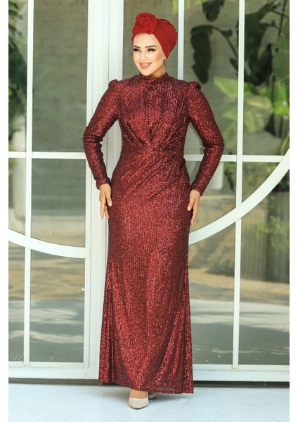 Tesettür Abiye Elbise - Pul Işlemeli Bordo Tesettür Abiye Elbise 3976BR fiyatları