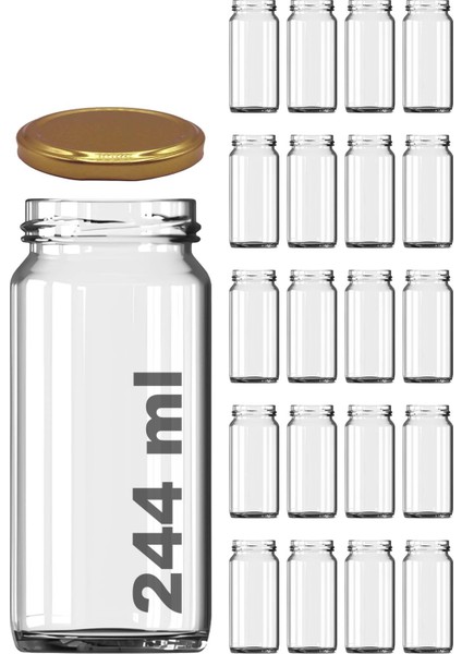 244 ml Kavanoz Metal Gold Konserve Kapaklı 244 cc Şeffaf Uzun Cam Kavanoz 20 Adet