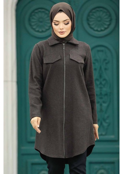 Fermuarlı Koyu Kahverengi Tesettür Kaşe Tunik 5944KKH fiyatları