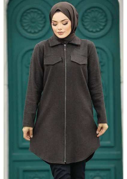 Fermuarlı Koyu Kahverengi Tesettür Kaşe Tunik 5944KKH modelleri
