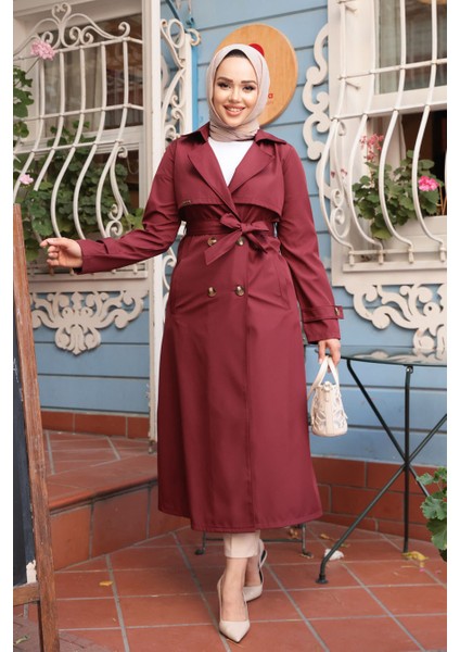 Düğmeli Bordo Tesettür Trençkot 6103BR