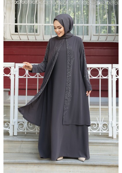 Boncuk Işlemeli Füme Tesettür Abaya 29132FU