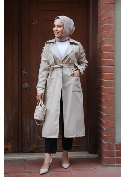 Kemerli Bej Tesettür Trençkot 10701BEJ
