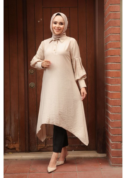 Asimetrik Detaylı Bej Tesettür Tunik 615BEJ