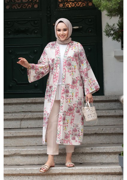 Desenli Fuşya Tesettür Kimono 32121F