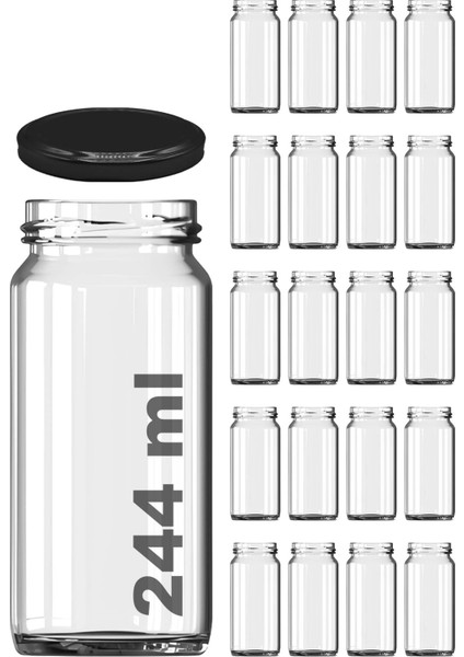 244 ml Kavanoz Metal Siyah Konserve Kapaklı 244 cc Şeffaf Uzun Cam Kavanoz 20 Adet