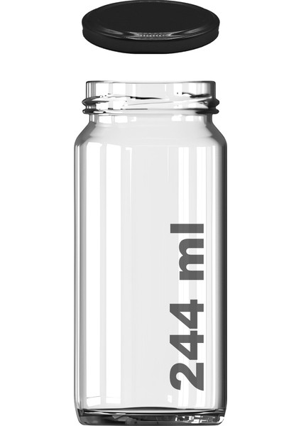 244 ml Kavanoz Metal Siyah Konserve Kapaklı 244 cc Şeffaf Uzun Cam Kavanoz 20 Adet