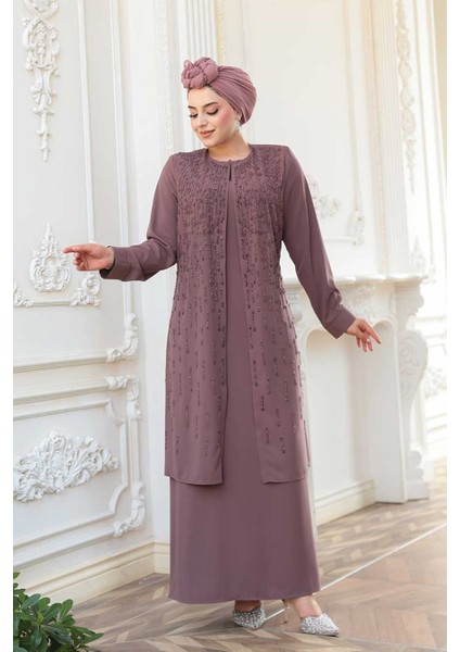 Boncuk Işlemeli Gül Kurusu Tesettür Abaya 29119GK