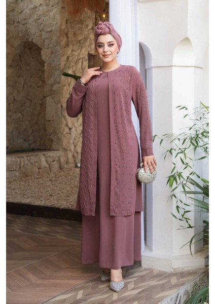 Boncuk Işlemeli Gül Kurusu Tesettür Abaya 29120GK