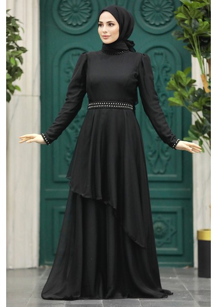 İnci Detaylı Siyah Tesettür Abiye Elbise 22223S