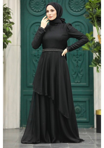 İnci Detaylı Siyah Tesettür Abiye Elbise 22223S fiyatları