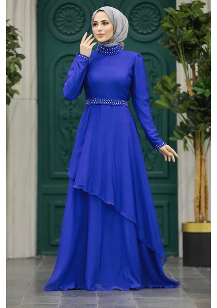 Tesettürlü Abiye Elbise - Inci Detaylı Sax Mavisi Tesettür Abiye Elbise 22223SX